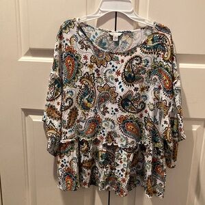 Cato White and Blue Relaxed Tiered Blouse